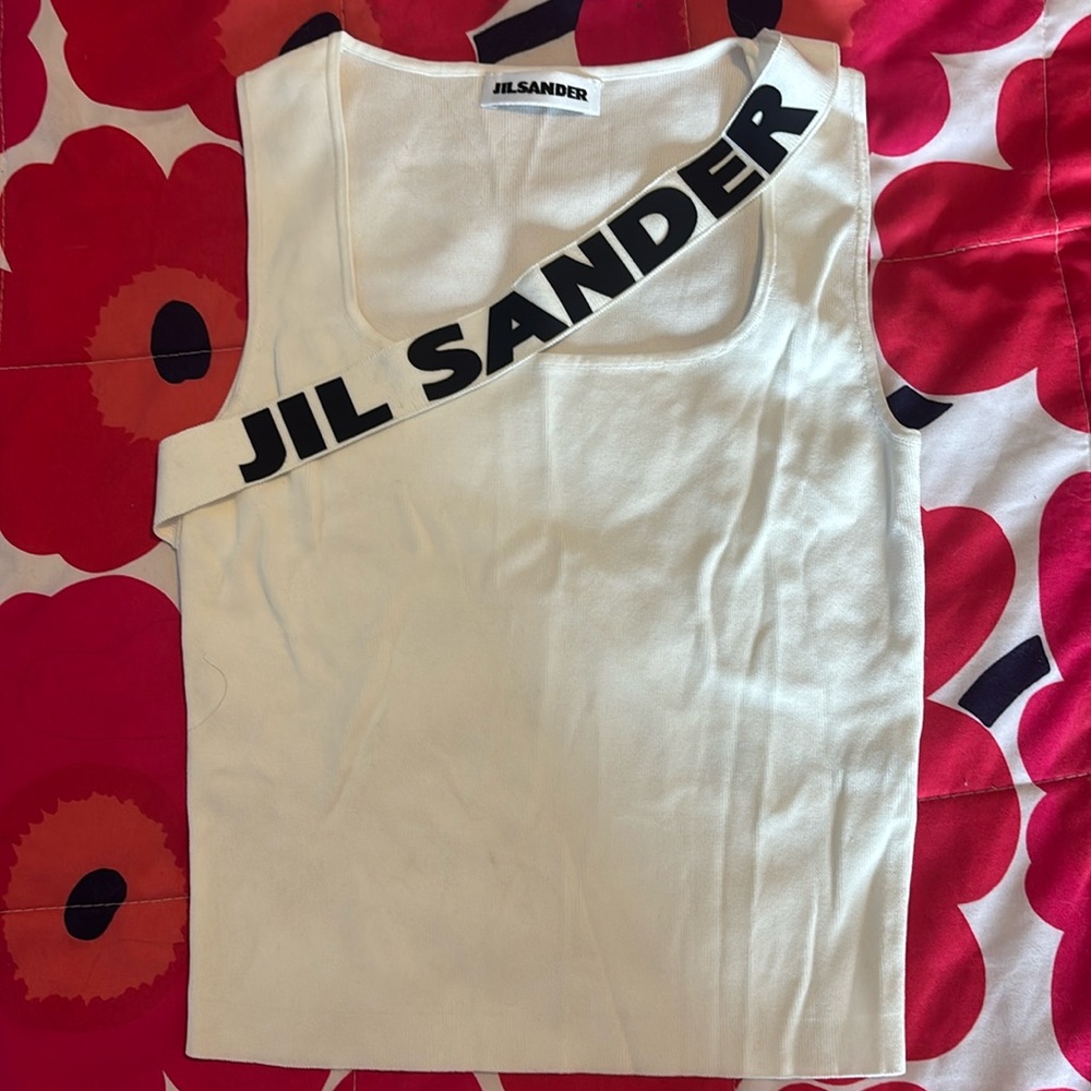 Jil Sander White Tank Top with Black Logo Strap